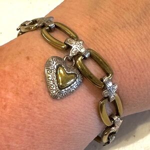 Brighton Vintage Two Tone Bracelet, Cross links & Heart charm, silver & gold